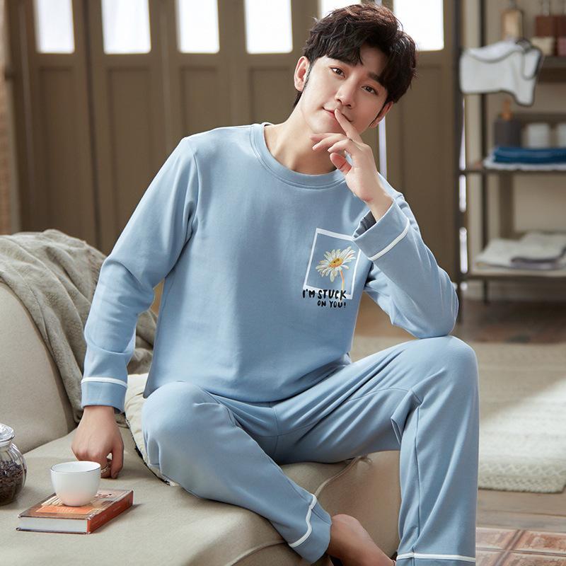 

Cotton Pyjamas For Men Autumn Warm Long-sleeve Casual Sleepwear Simple sky blue Daisy Men Home Clothes Soft Pajamas Set For Male, A022