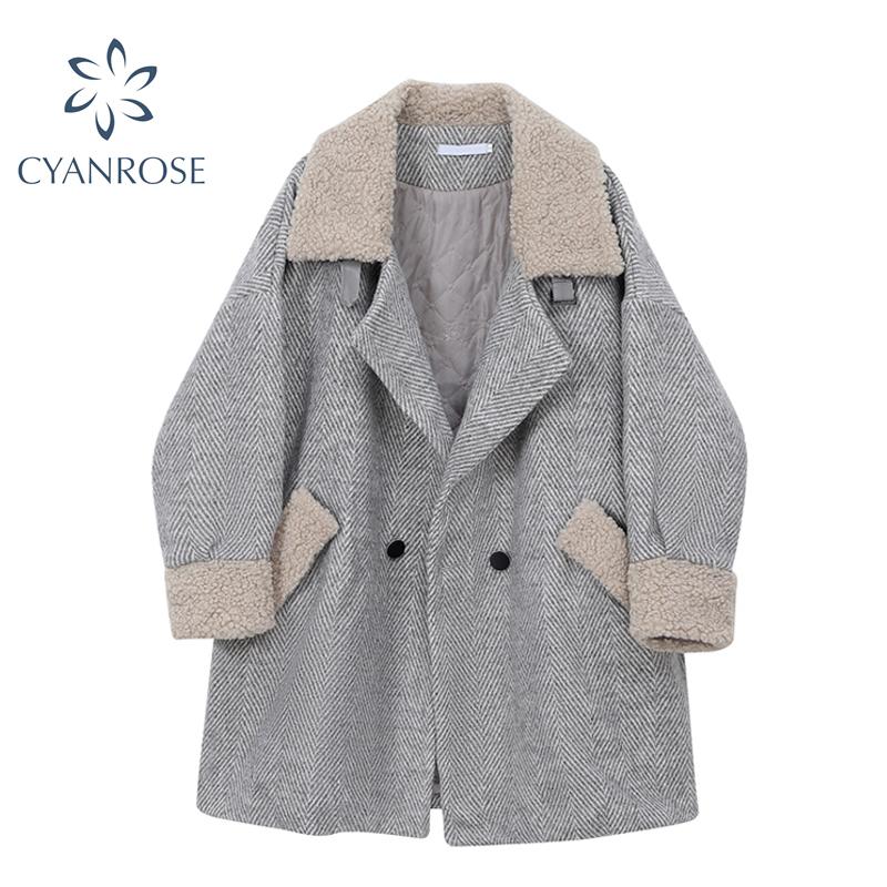 

Women's Wool Blends Coat Winter 2020 Autumn Long Sleeve Pocket Jacket Elegant Long Tweed Woolen Outerwear Female Plus Size Coats, Grey