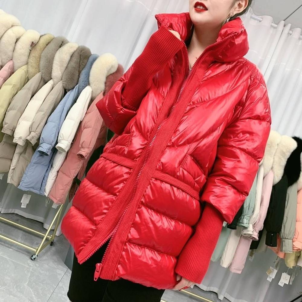 

2020 New Down Jacket Women Clothing Knitted Sleeve Bread Coat Mid-length Thick Fashion Western Loose, Red
