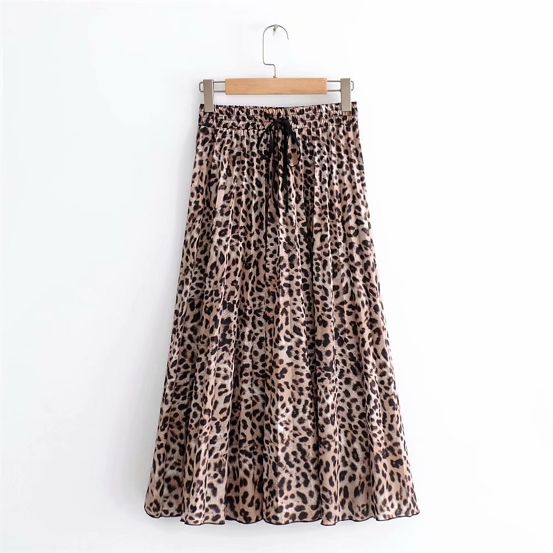 

New Women Vintage leopard printing pleated midi skirt faldas mujer ladies elastic waist sashes chic mid-calf skirts QUN119 Y200326, As pic qun119