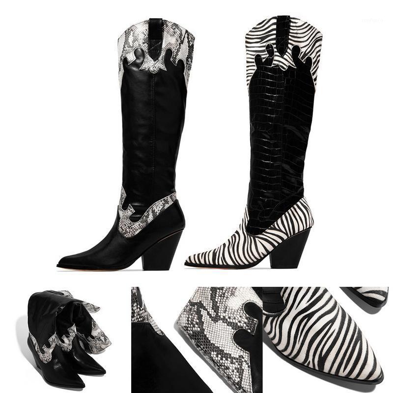 

Women Cowboy Boots Pointed Toe Women's Shoes Embossing PU Leather Shoes Knee-High Boots Chunky Wedges 2020 Fashion1, Black 1