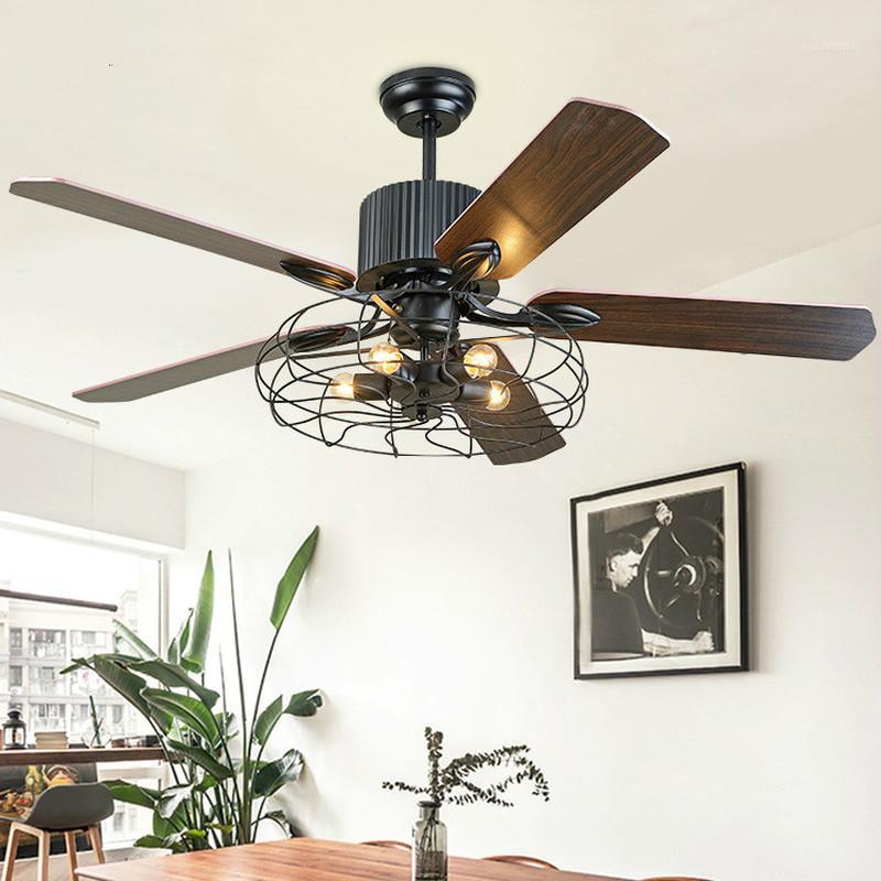 

Ceiling fan light home living room restaurant American E27 Loft Iron Wood fan lights bedroom silent Ceiling lamp mx62716211