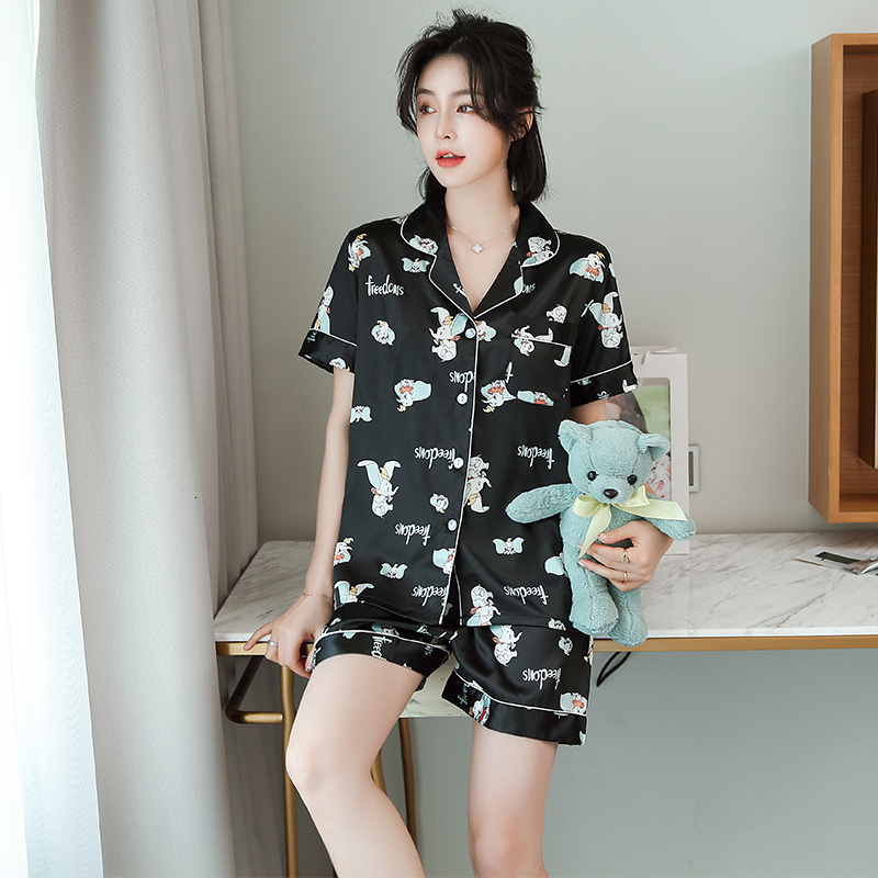 

2021 New Women's Pajama Set with Spring Shorts Silky From the Cartoon Short Sleeve Turn Down Collar Sleepwear Ladies Suit Women Oce2, Red