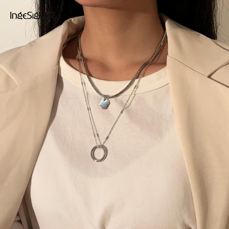 

Stainless Steel Round Circle Carved Coin Pendant Necklace Multi Layered Flat Snake Chain Choker Necklaces for Women Jewelry Gift