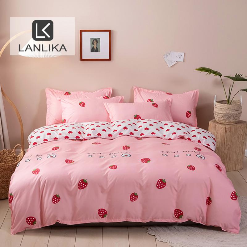 

Lanlika Lovely Strawberry Pink Girl Bedding Set Duvet Cover Bedspread Fitted Sheet Pillowcase Home Decor Nordic Elastic Band