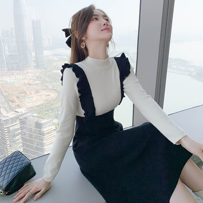 

spring 2021 New thin dressed in knitted or crocheted two pieces black slivers white sleeve long women's dresses y239 JDF5, Heise