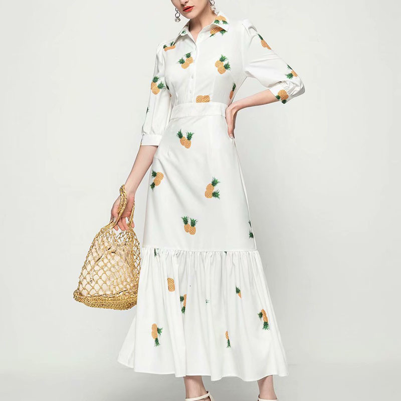 

2021 Summer New Printing Pineapple Single Sleeve Breasted Thin Fishtail Temperament in Medium Length Dzn2, Multiple