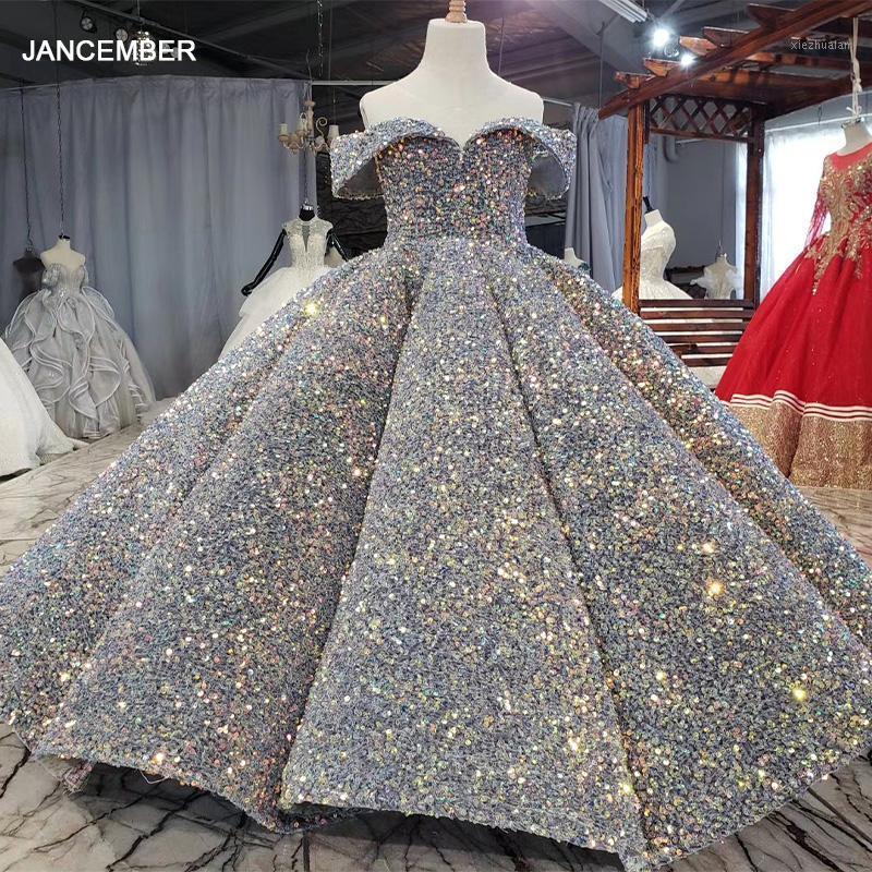 

HTL0650 Luxurious Lace Up Back Colorful Sequined Flower Girl Dresses 2020 V-Neck Ball Gowns Off The Shoulder1, As picture