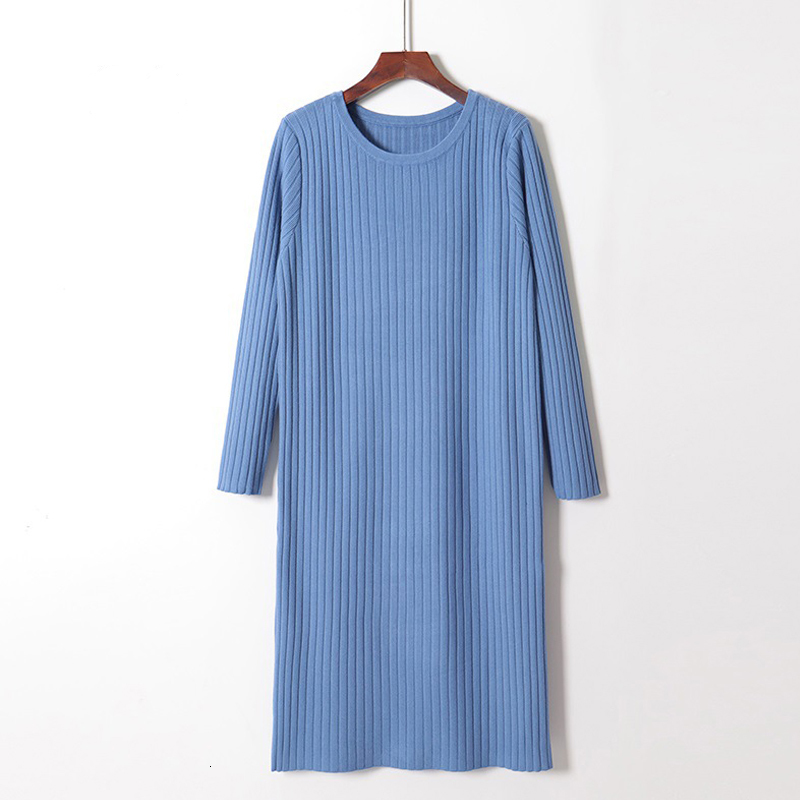 

2021 New Women Basic Knit Straight o Neck Solid Long Sleeve Sweater Dress Autumn Winter Elegant Black Apricot Midi Dresses Rmqb, Blue
