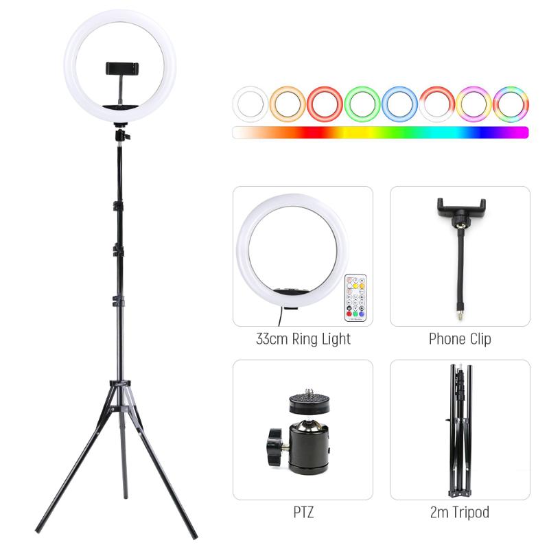 

33cm Dimmable Colorful RGB Ring Light With Tripod Selfie Lamp Phone Clip Holder For Video Live Photo Studio Photography Lighting