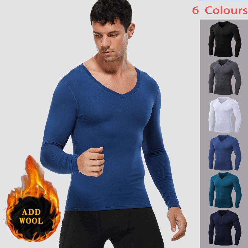 

Lovmove Spandex Plush V-neck fitness long sleeve Pro Tight Running Shirt Male Sport Top Athletic Jersey Gym Compression Clothing, Zg