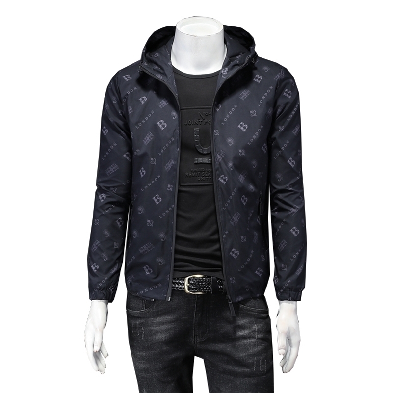 

Spring Autumn New Personality Printed Street Fashion Men Hooded Jacket Slim fit Casual men's jacket 201116, Navy blue
