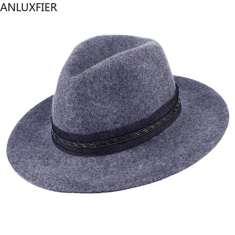 

H7191 Ladies Feodra Hat Chain Decorated Wool Cap Women Party Banquet Elegant Hats Female Short Eave Casual Fedora Caps, Black