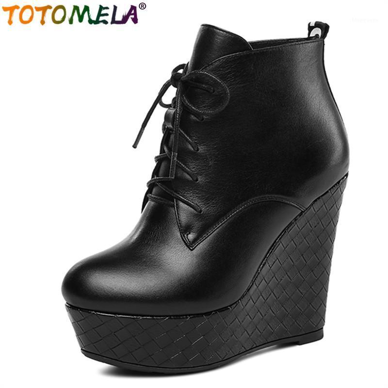 

TOTOMELA 2020 New genuine leather boots lace up wedges shoes autumn ankle boots fashion casual ladies booties1, Black not fur