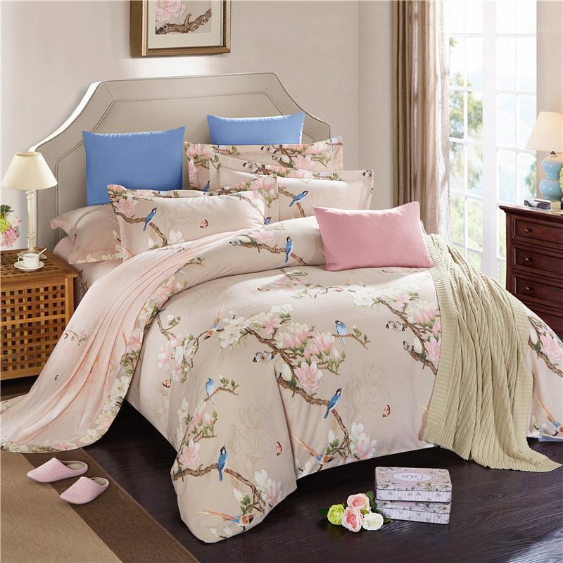 

New 100% cotton Bedding Set Birds Duvet Cover Flat Sheet Queen Kingsize Bed Linen Pillowcase For adults Bed Set 4PCS1, As pic