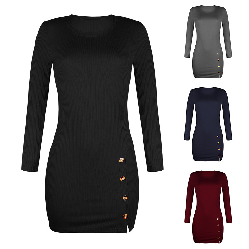 

New Button Bag Hip Long-sleeved Dress for Autumn and Winter, Black;gray