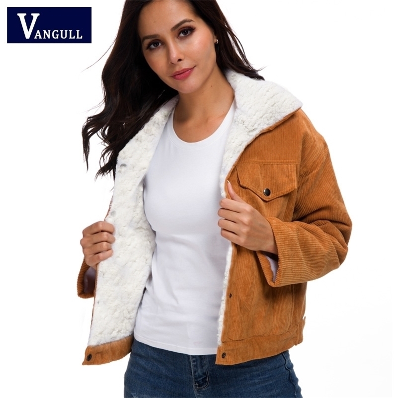 

VANGULL Women Winter Jacket Thick Fur Lined Coats Parkas Fashion Faux Fur Lining Corduroy Bomber Jackets Cute Outwear New 201112, Light pink