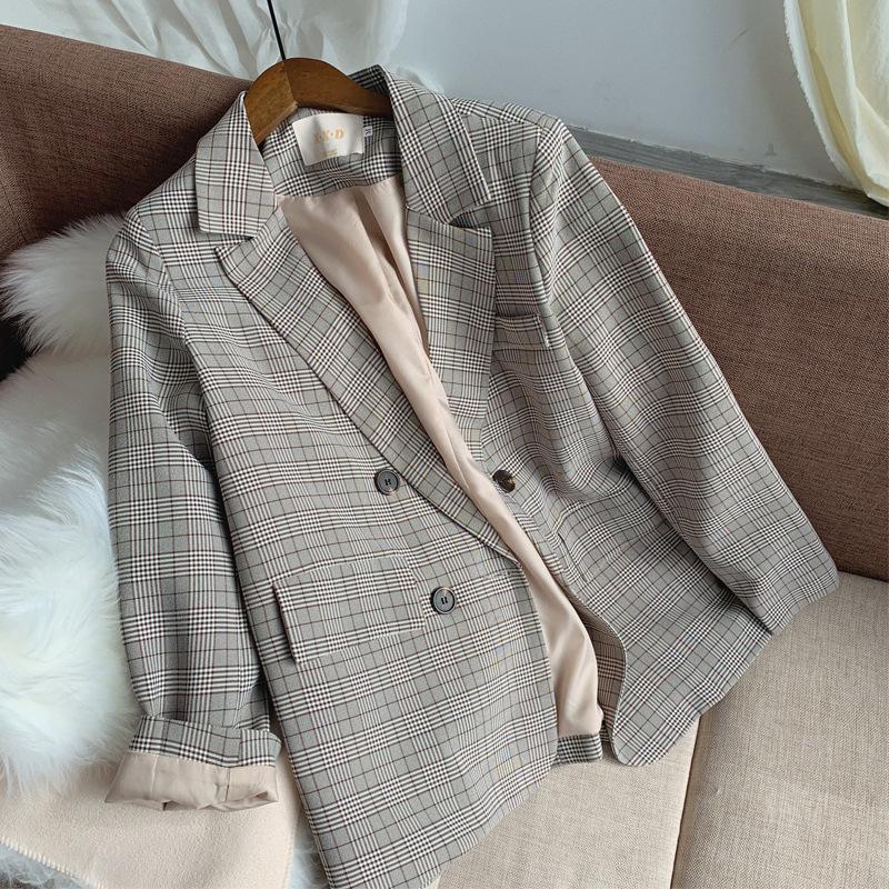 

High quality women' jacket small suit lady Blazer 2021 new autumn and winter retro check loose female office jacket