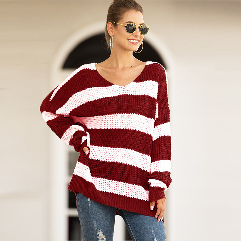 

New popular neck-o-neck pullovers color stripe matching off shoulder sweater, Burgundy
