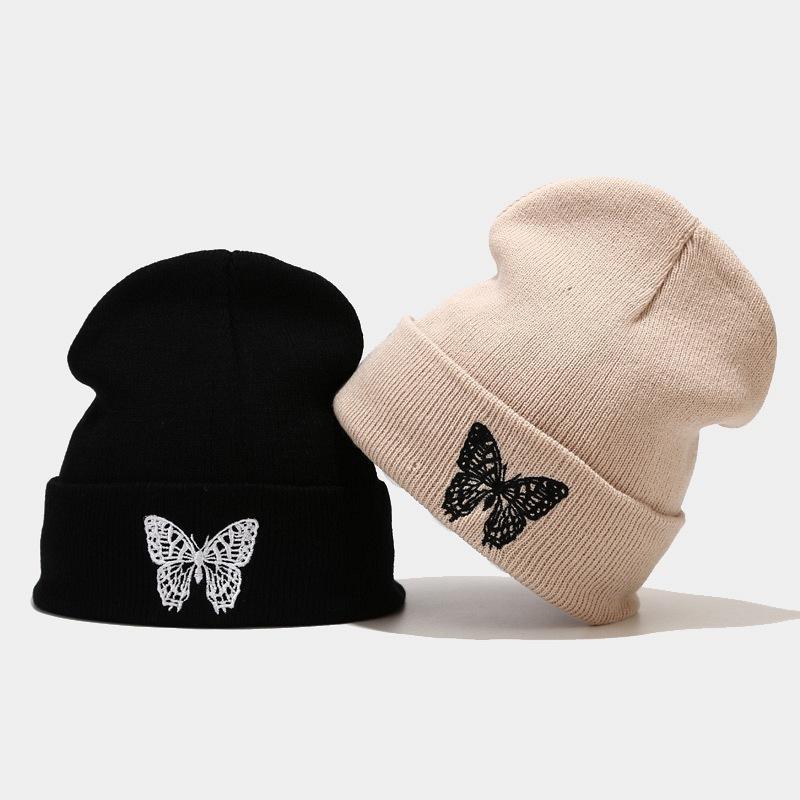 

Autumn Winter Skullies Beanie Hat For Women Warm Solid Butterfly Embroidery Knitted Brimless Hat Cover Head Men's Beanie gorro