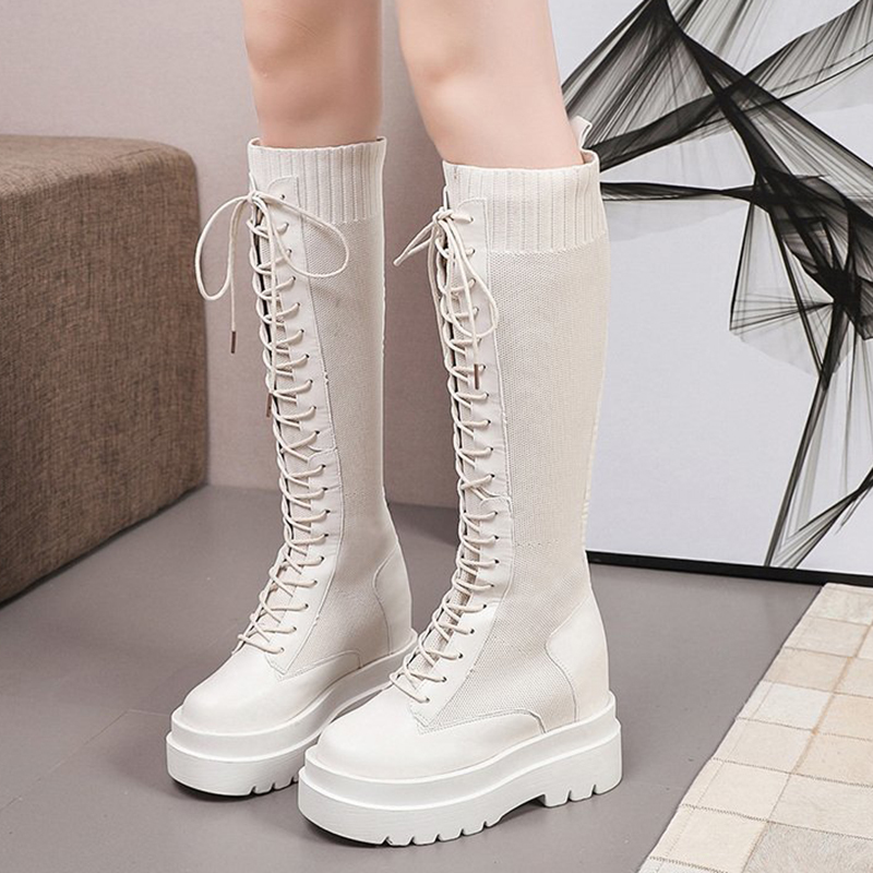 

Top fashions crocheted at knee-high long black beige high platform women lace boots to mujer hidden shoes