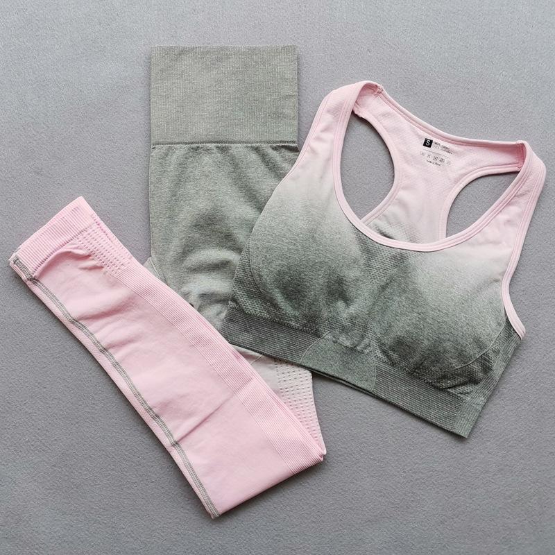 

Sport Outfit Women Gym Yoga Set Gradient Fitness Clothing Seamless Sport Leggings+Sports Bra 2 Piece Running Wear, Grey