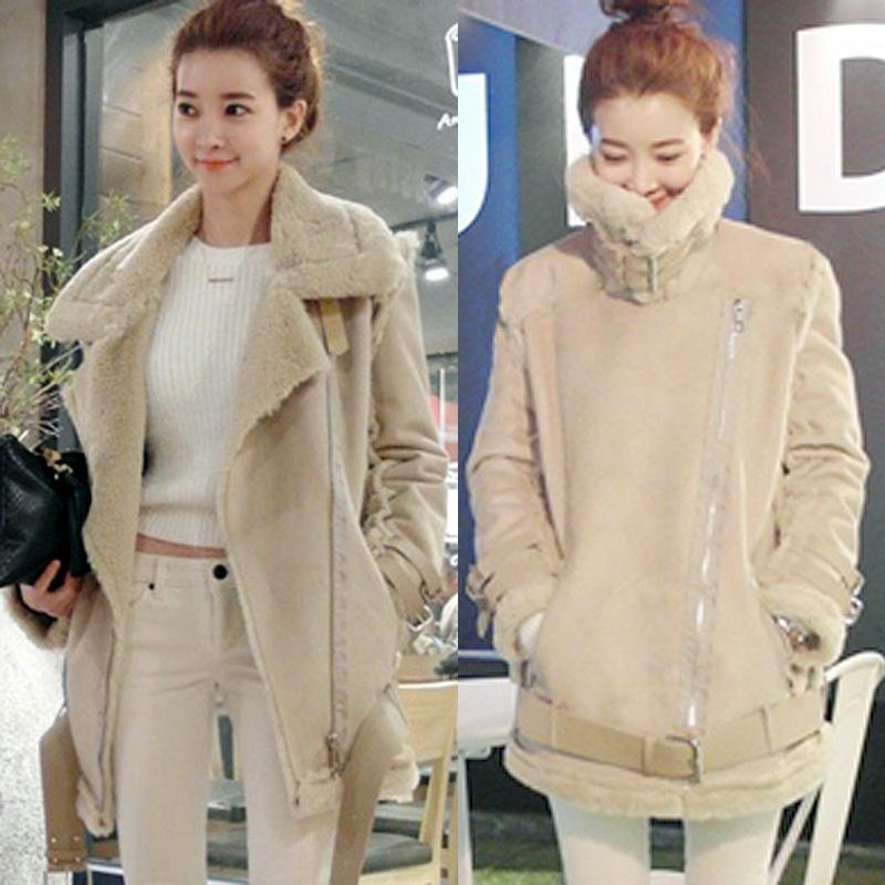 

Women' Winter Suede Motorcycle Jackets Coats Belt Thick Warm Female Faux Fur Lambs Wool Plush Streetwear 2021 Fashion Clothing, Beige