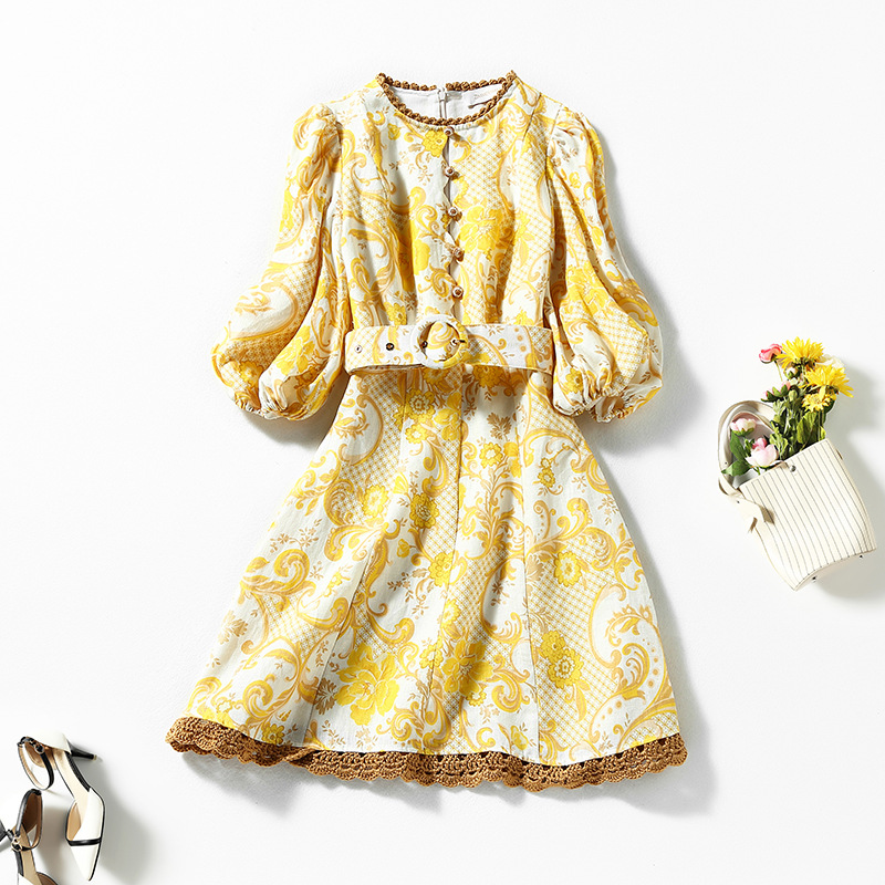 

European and American women' wear spring 2022 new Seven - quarter sleeve lantern sleeve Fashion yellow floral belt linen dress