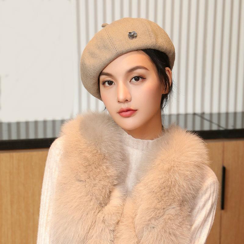 

Berets Women Winter Woolen Ctagonal Hat Top Grade Beret With Thick Velvet Lining Lady Fashion Wool Sboy Cap, Black