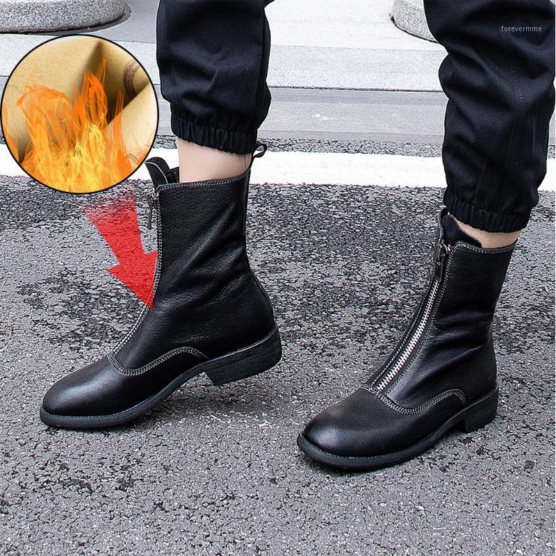 

Plus Size 34-43 New Fashion Genuine Leather Boots for Women Flat Mid Calf Boots Spring Autumn Women Black Buckle Shoes1, Black 5cm fur