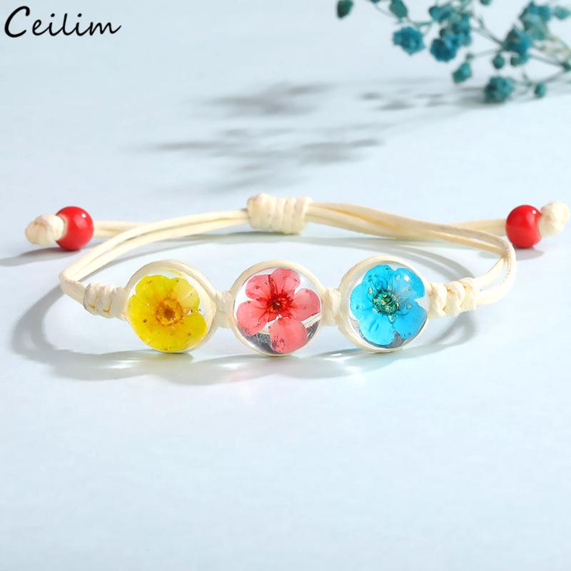 

Korean Fashion Adjustable Lucky Rope String Knot Bracelet Women Jewelry Cute Colorful Dried Flower Glass Ball Charm Bracelets