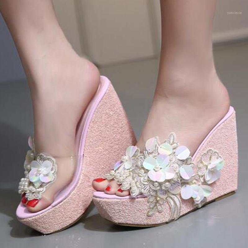 

Slope with thick-soled sandals and slippers female 2021 summer new women shoes Flowers slippers women sandalia feminina sh1181, Gold