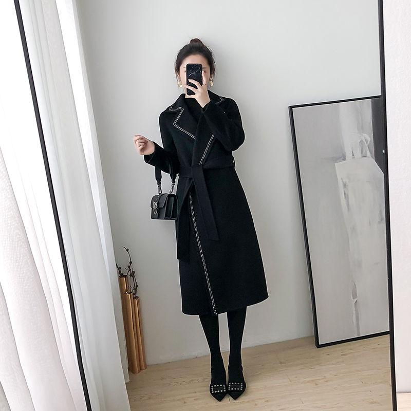 

Women 2021 Autumn Winter Double-Faced Cashmere Wool Long Coats Female Elegant Vintage Thick Warm Woolen Overcoat With Belt B505, As pic