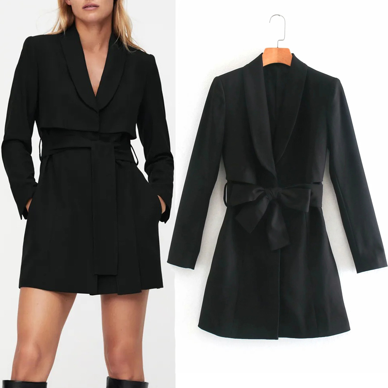 

2021 New Autumn Winter Black Mini Blazer Women Fashion Tied Belt Long Sleeve Short Dress Woman Office Ladies Elegant Dresses Ze12
