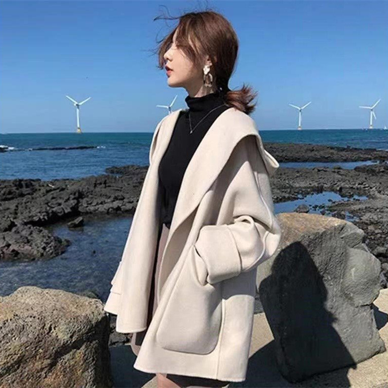 

2021 New Female Double Jacket Released Natural Cashmere Woollen Cardigan Mixtures Outerwear Streetwear Oversize P8QV, Beige