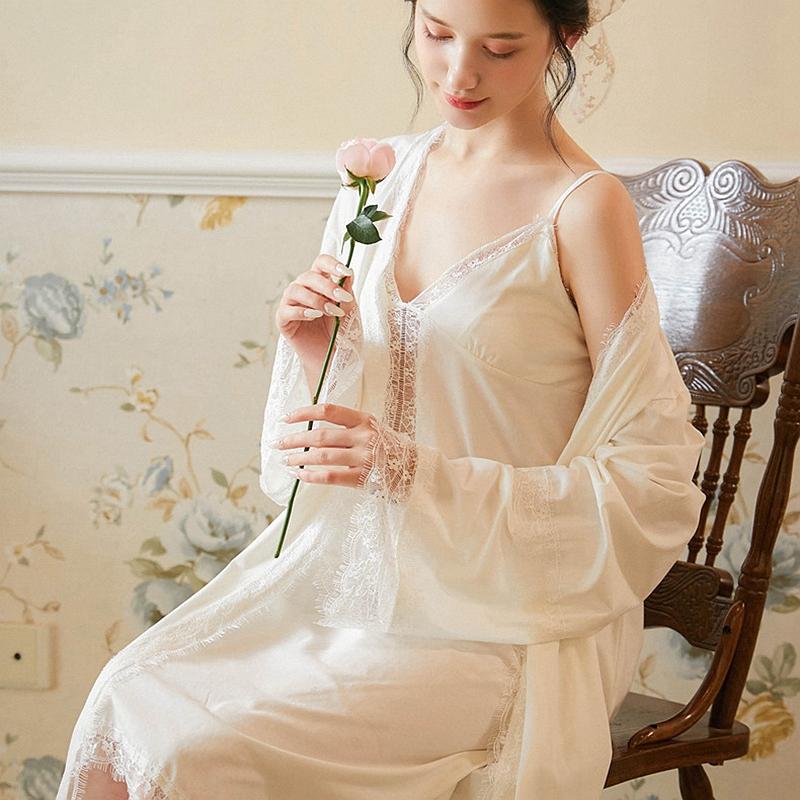 

2 Piece Women Victorian Nightdress Lounge Set Lace Vintage Elegant Nightgowns Bathrobes Plus Size Negligee Sexy Sleepwear, White