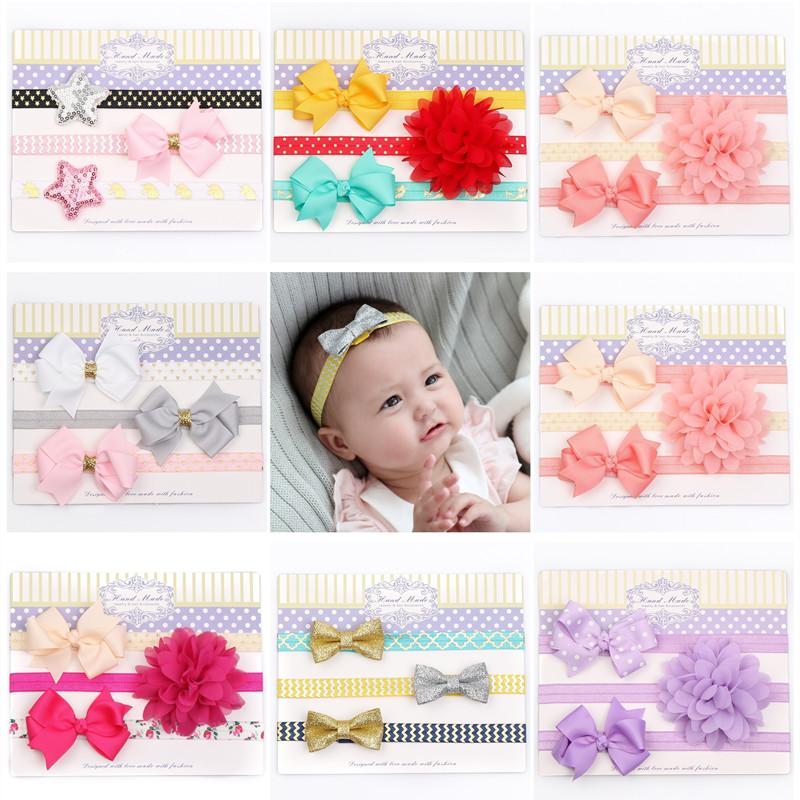 

3pcs/set Newborn Girls Pink Flower Headband Silver Star Gold Hair Bow Stretch Elastic Hairbands Purple Floral Birthday Head Band