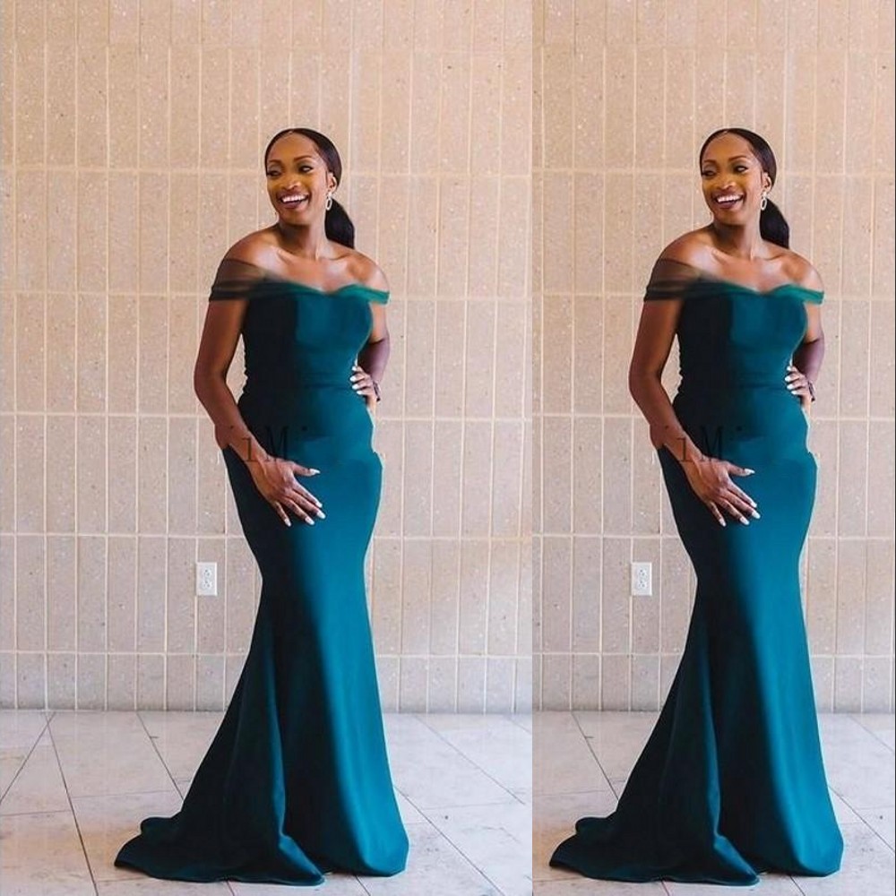 

2021 African Teal Hunter Green Off Shoulder Mermaid Bridesmaid Dresses Floor Length Sweep Train Garden Country Wedding Guest Gowns Maid of Honor Dress Plus Size