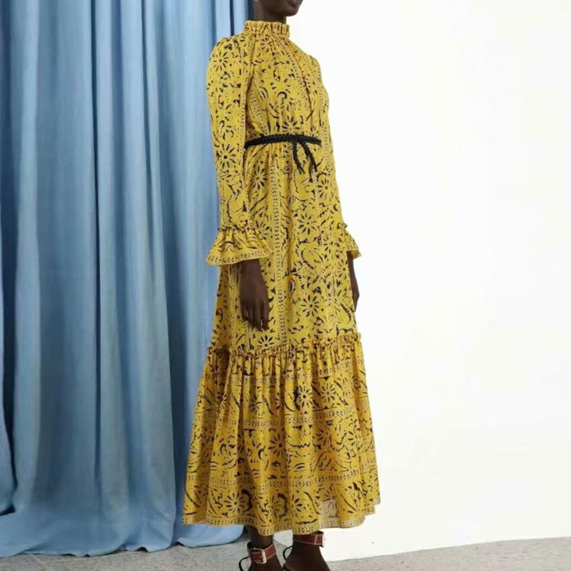 

New Autumn Retro Printing Party Burnt Sleeve Thin Belt Long Chiffon Dress High Quality Women's Clothes Jbfb, Orange