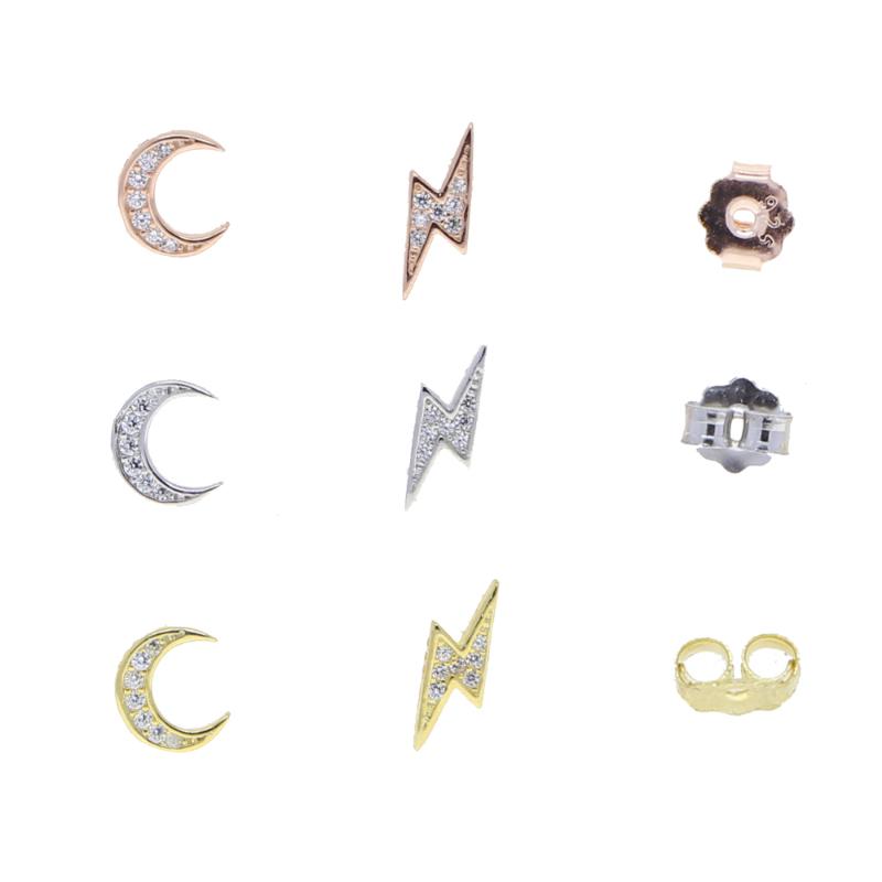 

Stud 100% 925 Sterling Silver Christmas Gift For Girl Mismatched CZ Moon Lighting Earring 3 Colors