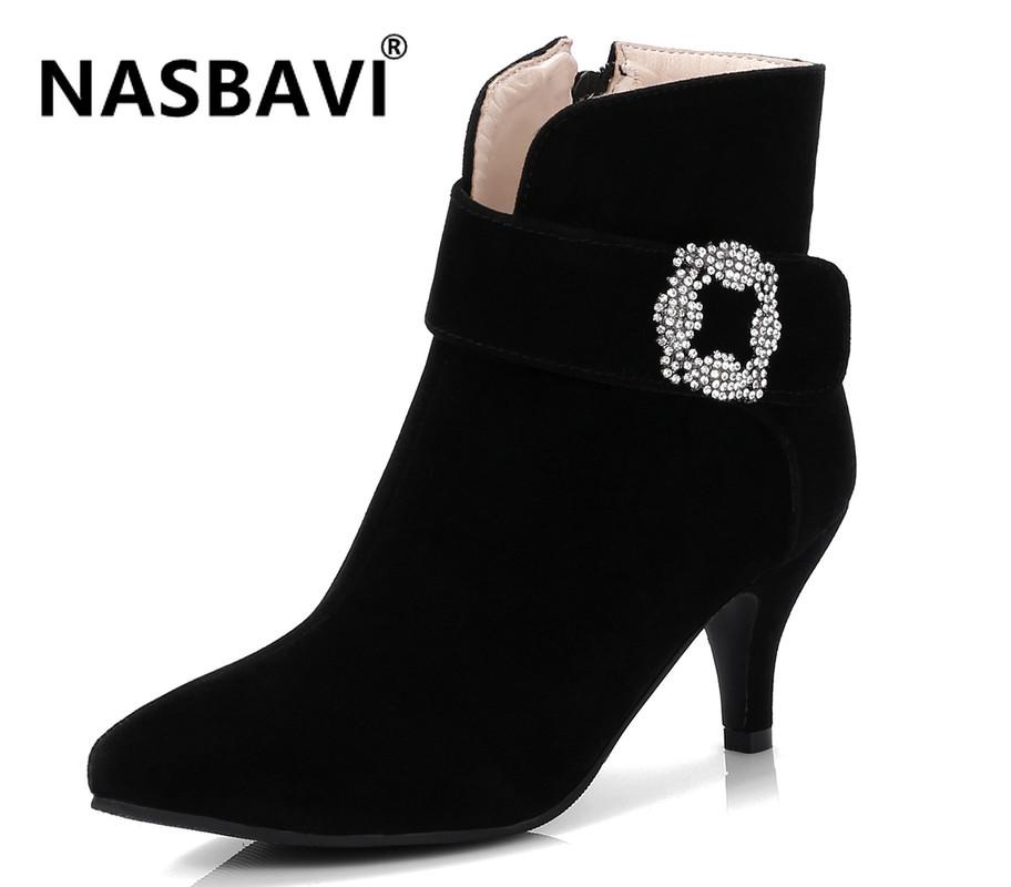 

NASBAVI new fashion suede contracted Europe and America British style zipper high heel rhinestone belt buckle winter short boot, Black