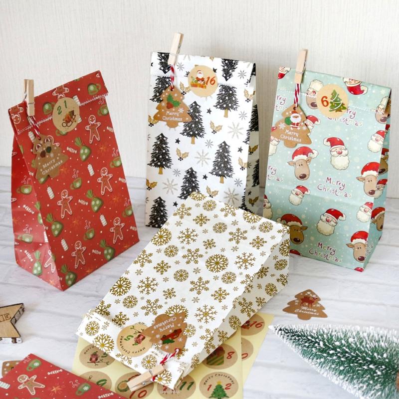 

24 Sets Christmas 1-24 Advent Calendar Cookie Candy Paper Bag with Clips Stickers Tags Rope Gift Storage Box Decor