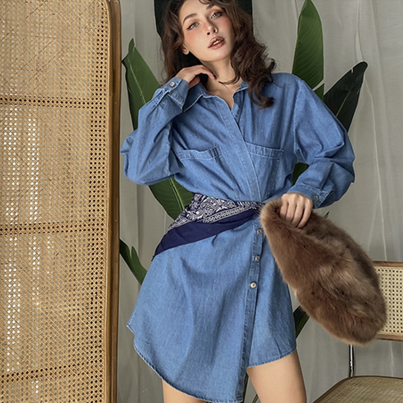 

2021 Autumn New Lean All-match Casual Elegant Asymmetric Fashion Released Cowboy Girl's Turn Down Collar Shirt Dressed 0B35, Blue