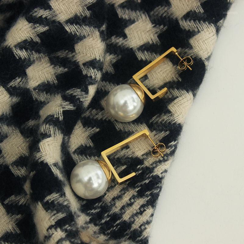 

Stud Luxury Stainless Steel Pearl Earrings Exaggerated Geometric Square Drop Jewellery Gold Women Large