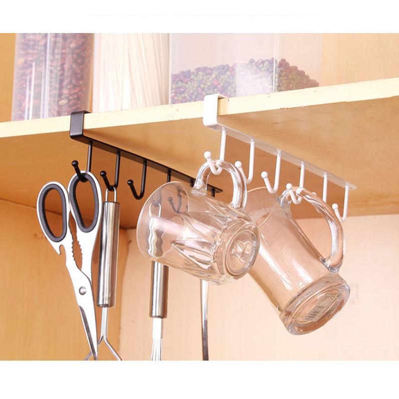 

6 Hooks Traceless Nail Free Metal Kitchen Cup Holder Hang Cabinet Shelf Storage Rack Wardrobe Organizer Kitchen Hook Accessories