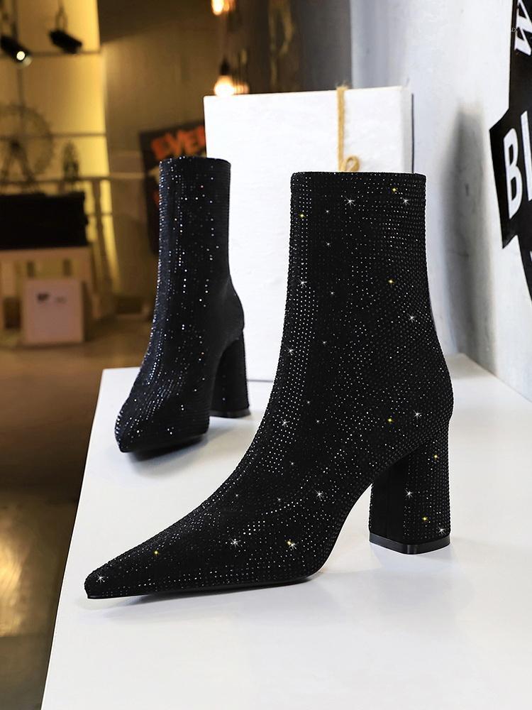 

Female winter fashion banquet short boots coarse high heels sexy keep warm increase high pointed suede shiny water drill1, Black