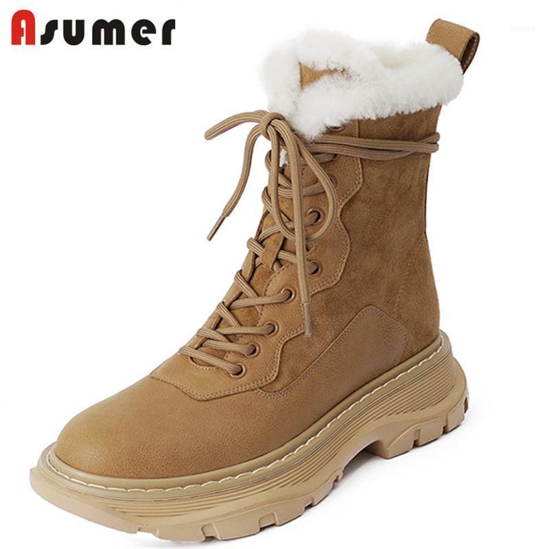 

Asumer 2021 Genuine Leather Shoes Women Thick Fur Snow Boots Round Toe Comfortable Flat Casual Shoes Women Winter Ankle Boots1, Black