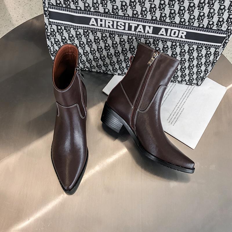 

European and American style winter plus velvet warm outdoor casual ankle boots mid-heel pointed toe fashion trend women's boots1, Black