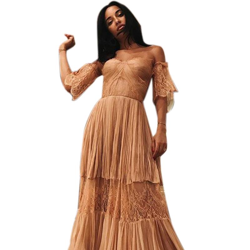 

Sexy Pleated Dress Word Shoulder Banquet Dress Elegant Temperament Long, Apricot