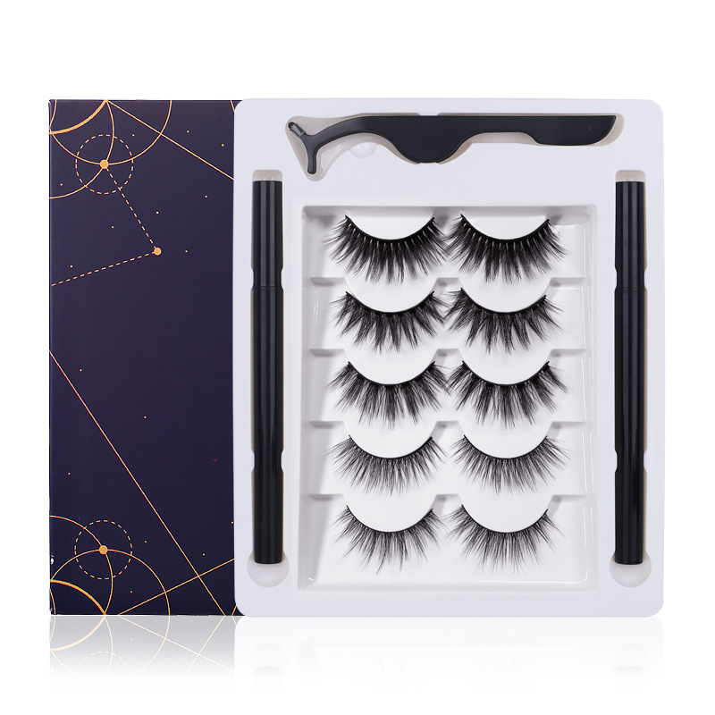 

Newest Thick Natural 5 Pairs Self-adhesive Eyeliner & Eyelashes Set Hand Made Fake Lashes With Double Eyeliner Tweezer None Glue Eyelashes